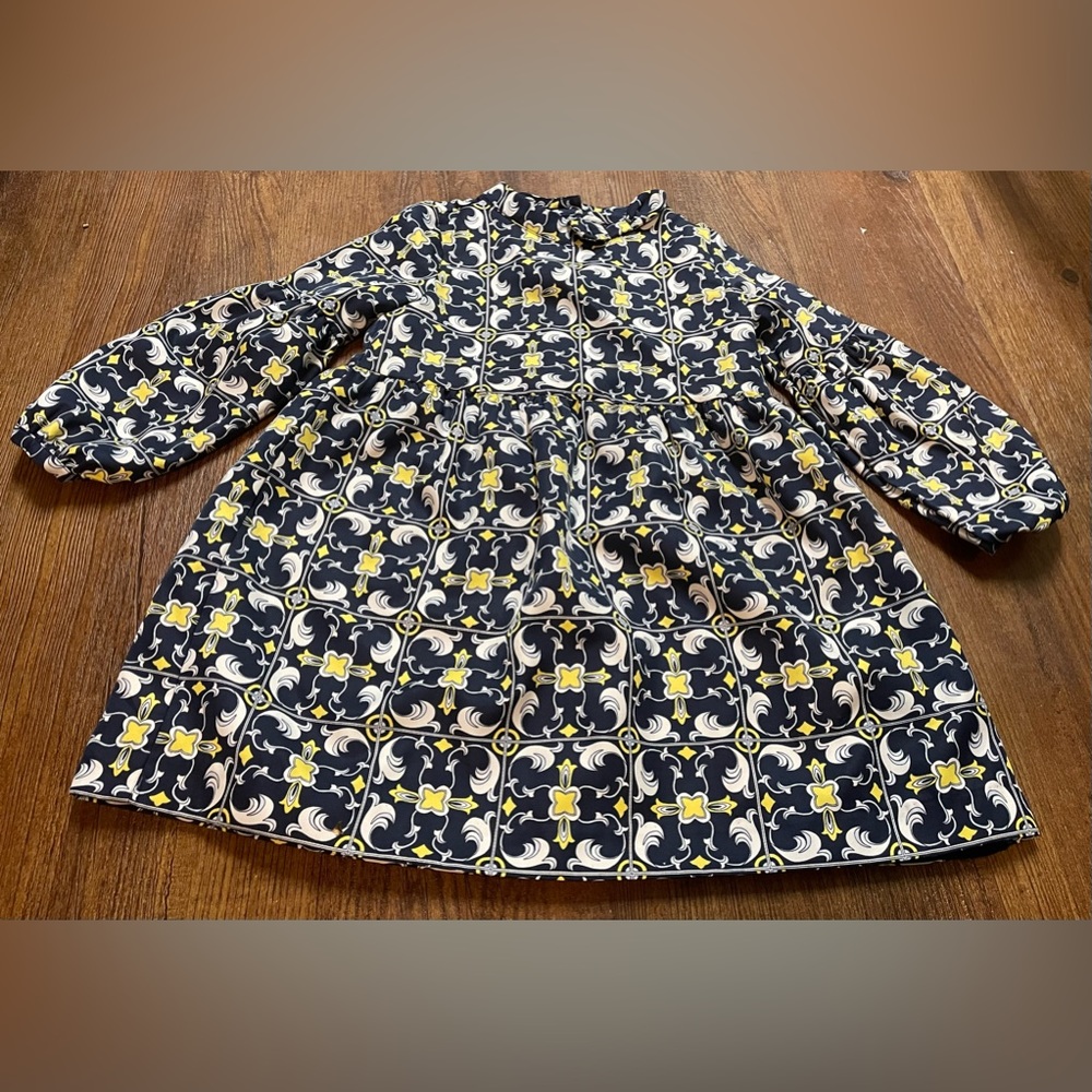 Janie and Jack Navy, Yellow & White Patterned Long Sleeve Dress